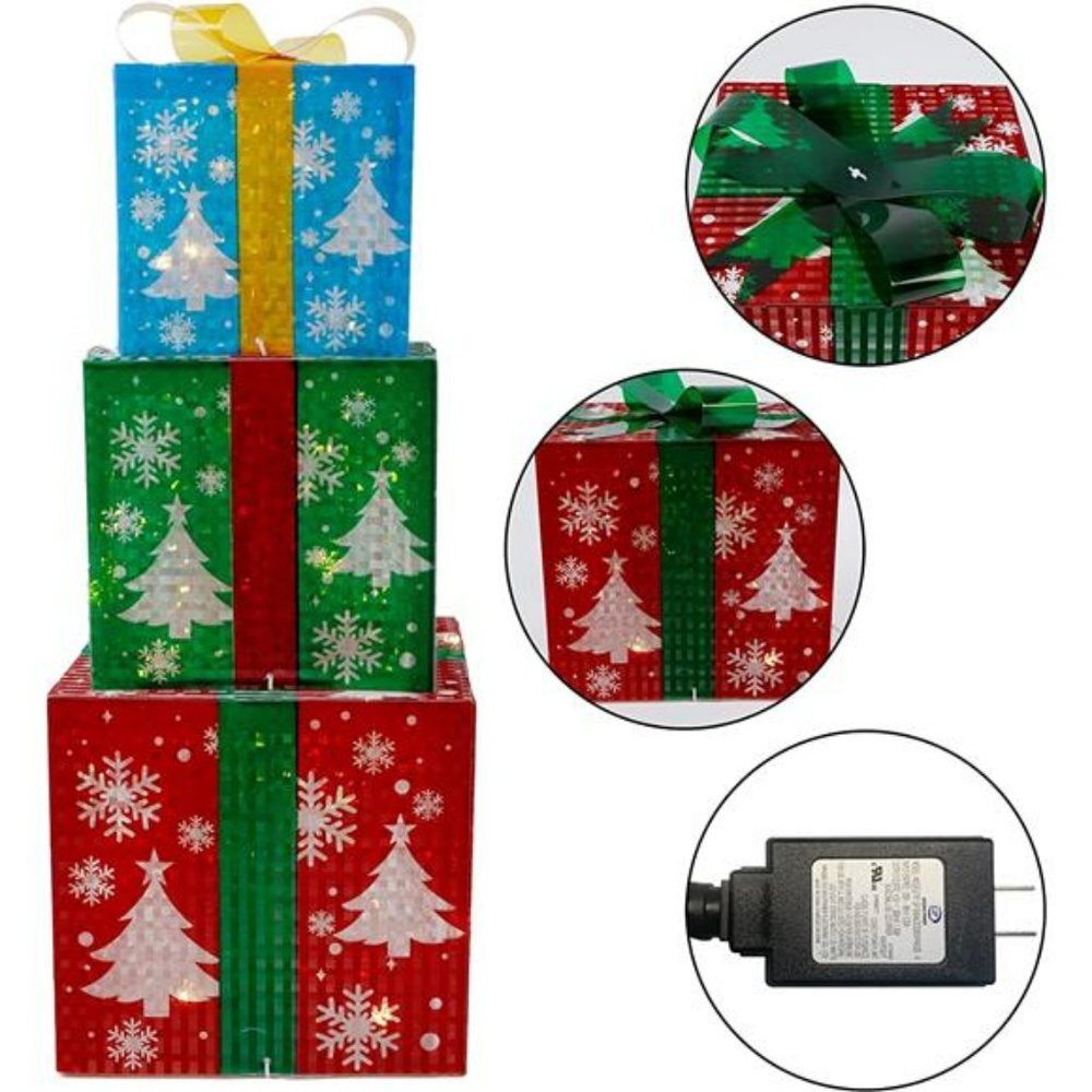 Set of 3 Christmas Lighted Gift Boxes Decorations, 60 LED Lights